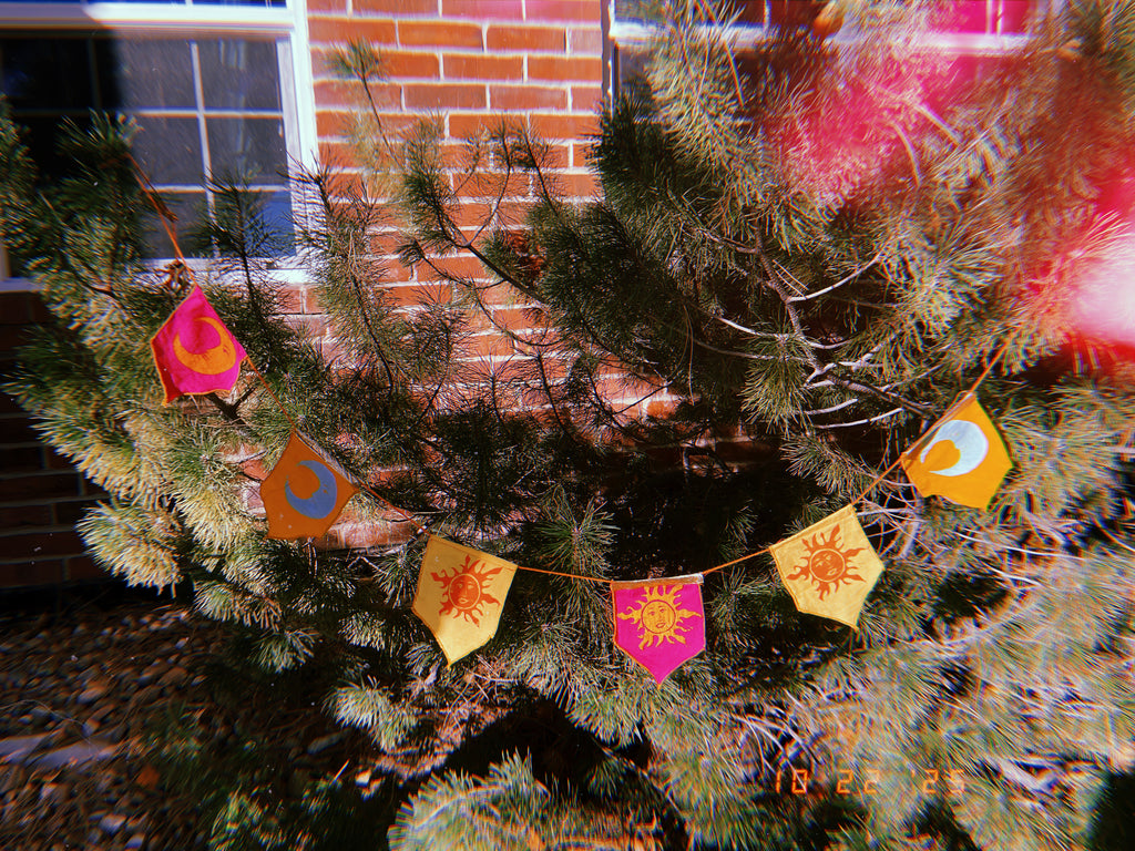 6-flag whimsigoth sun and moon bunting garland, pink, yellow, orange, and gold