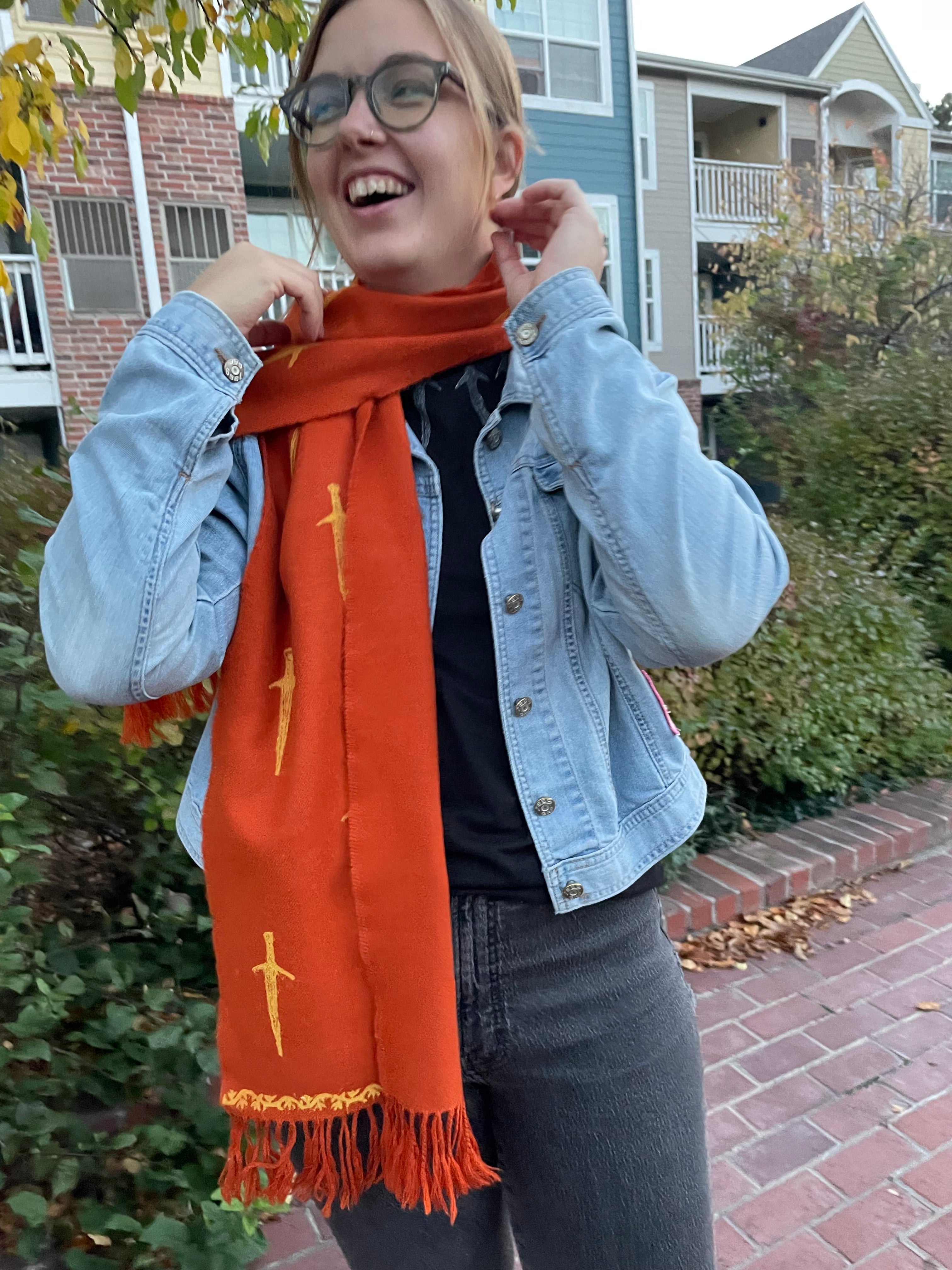 Orange Cashmere Upcycled Sword Print Scarf