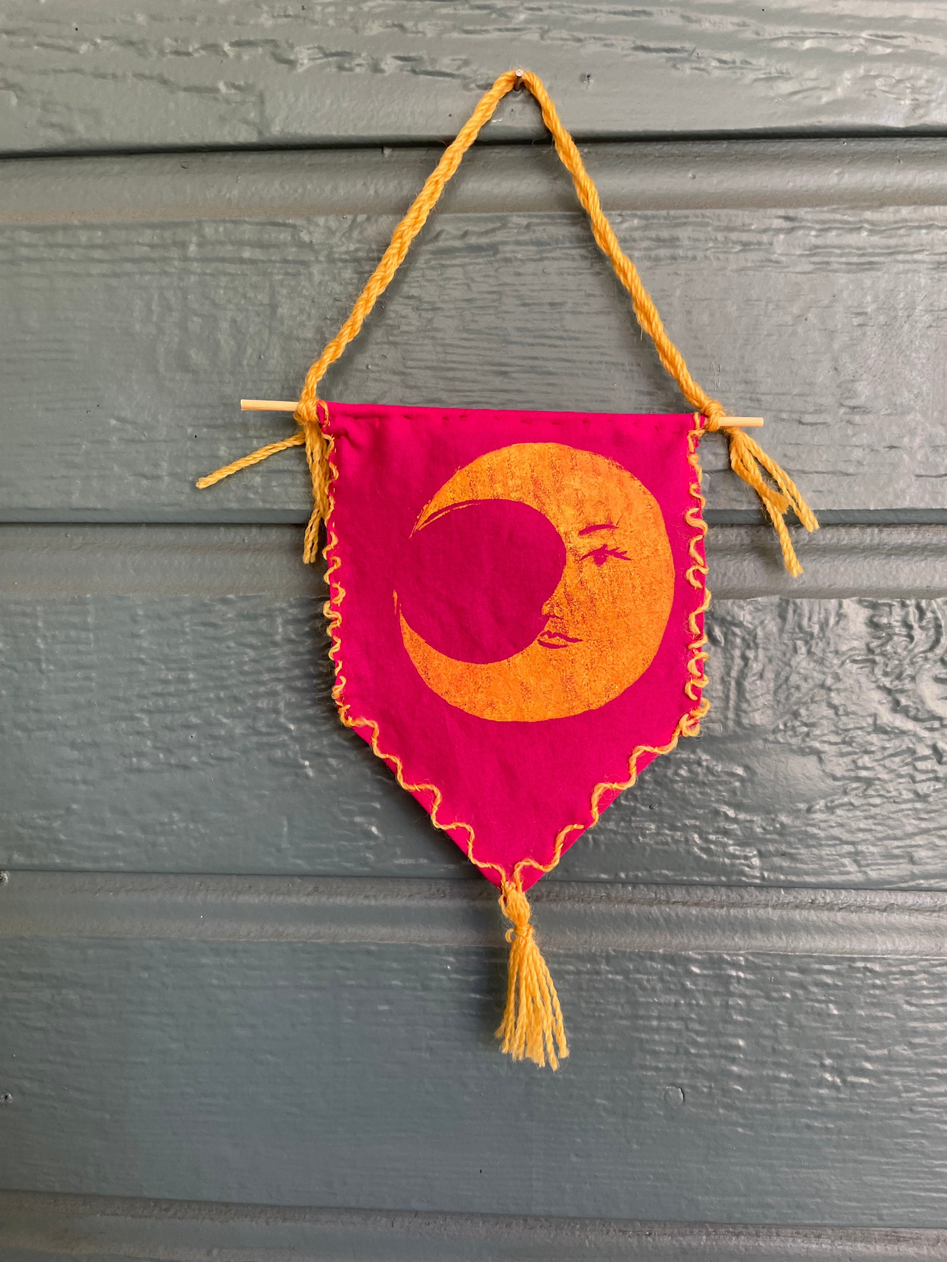 Embroidered Pink Moon Banner with Handmade Tassel