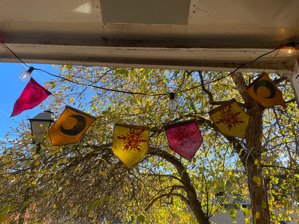 6-flag whimsigoth sun and moon bunting garland, pink, yellow, orange, and gold
