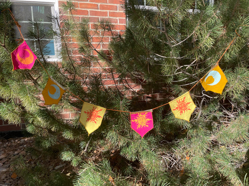 6-flag whimsigoth sun and moon bunting garland, pink, yellow, orange, and gold