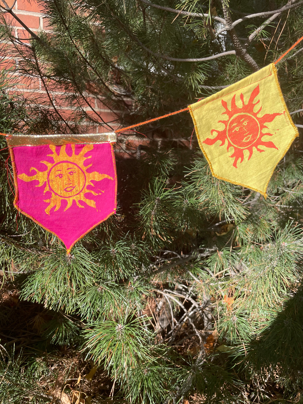 6-flag whimsigoth sun and moon bunting garland, pink, yellow, orange, and gold