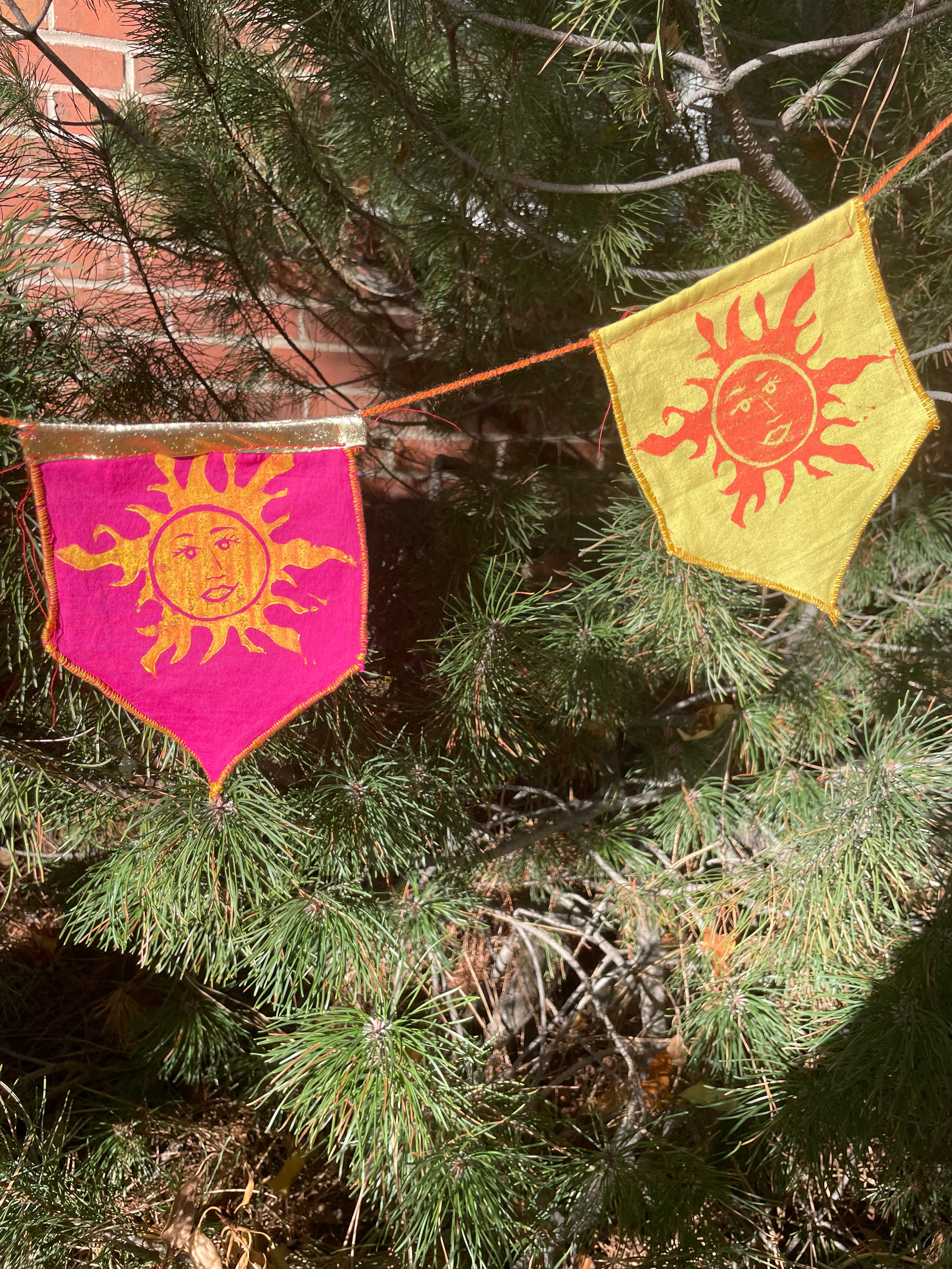 6-flag whimsigoth sun and moon bunting garland, pink, yellow, orange, and gold