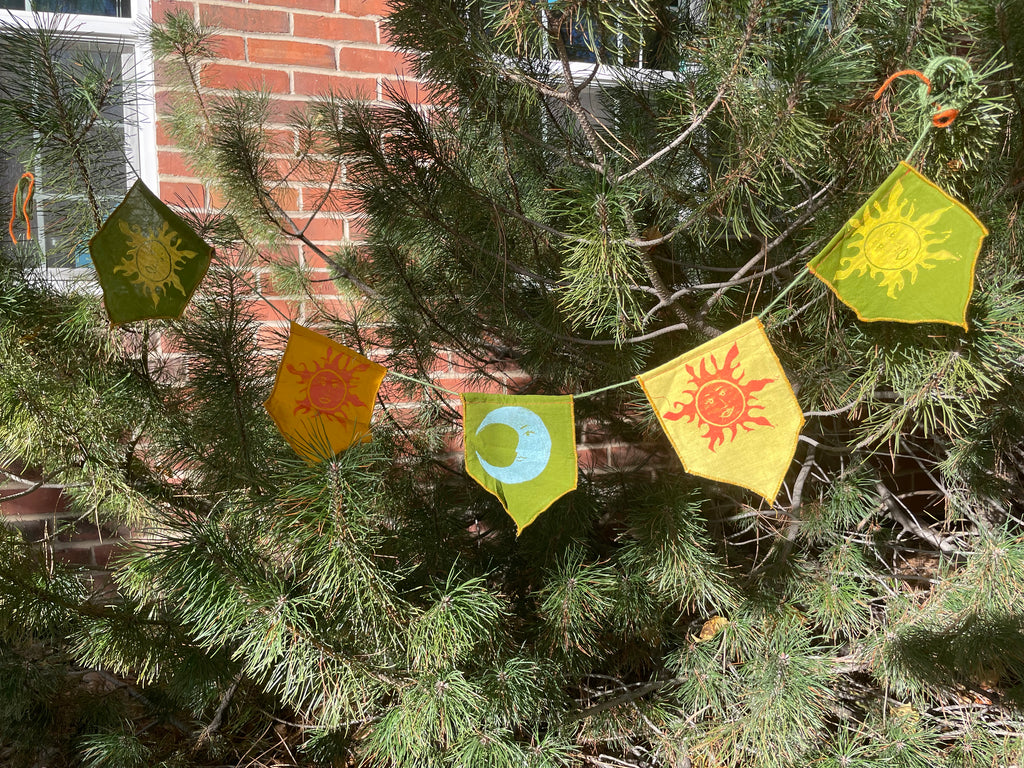 5-flag whimsigoth sun and moon bunting garland, green, yellow, orange, and gold