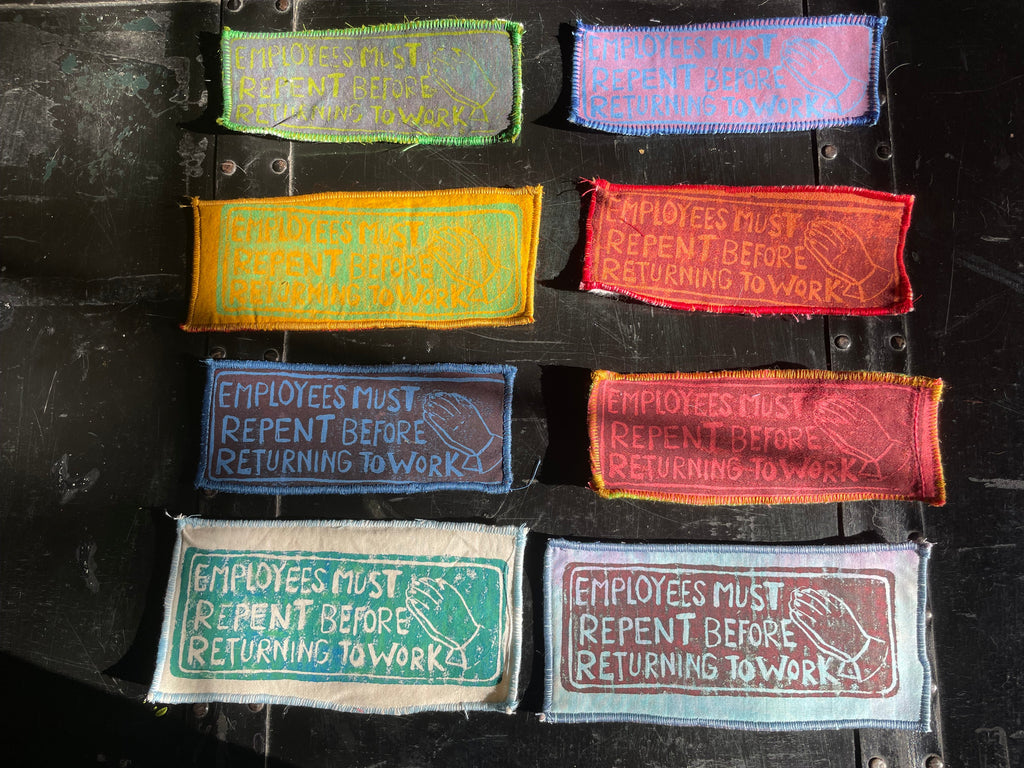 Employees Must Repent Patch-- Olive Green with Purple Print