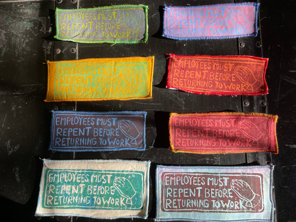 Collection of embroidered patches with sarcastic text on a black background