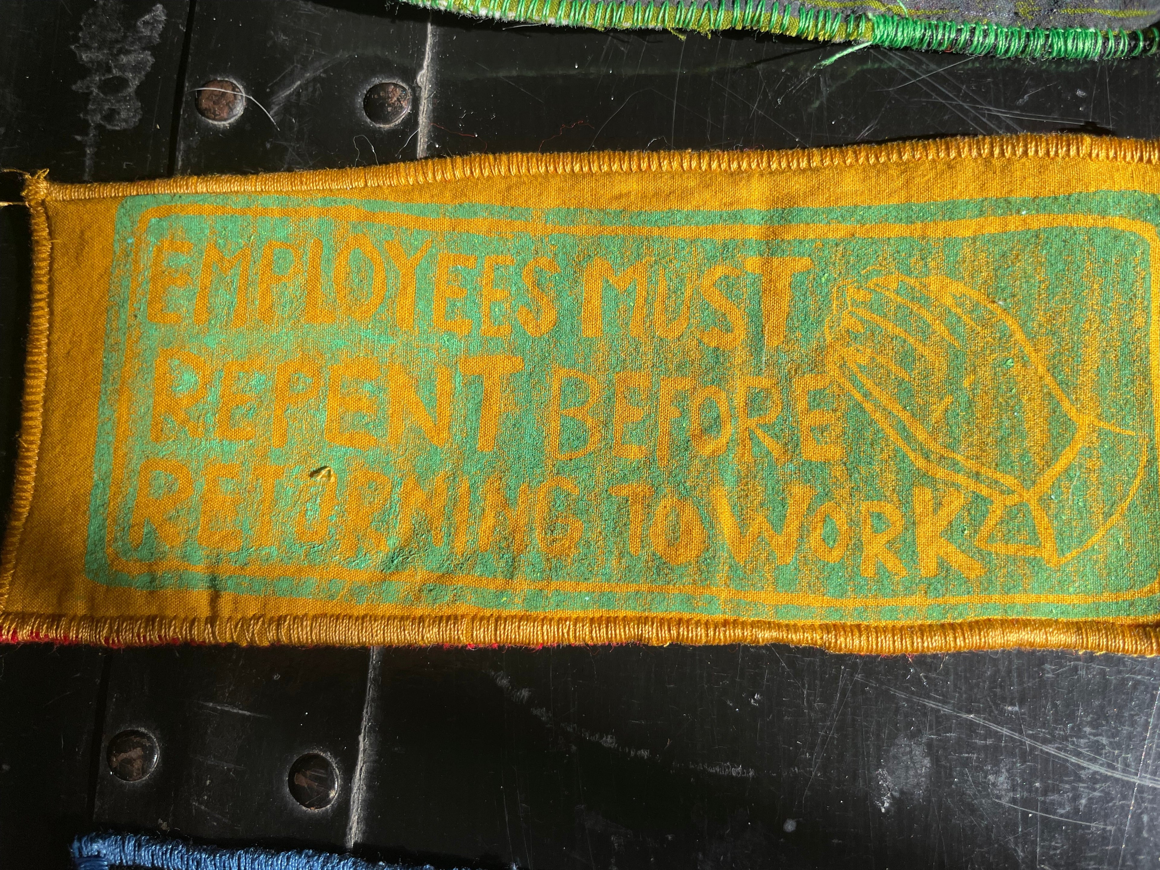 Employees Must Repent Patch-- Mustard Yellow with Teal Print