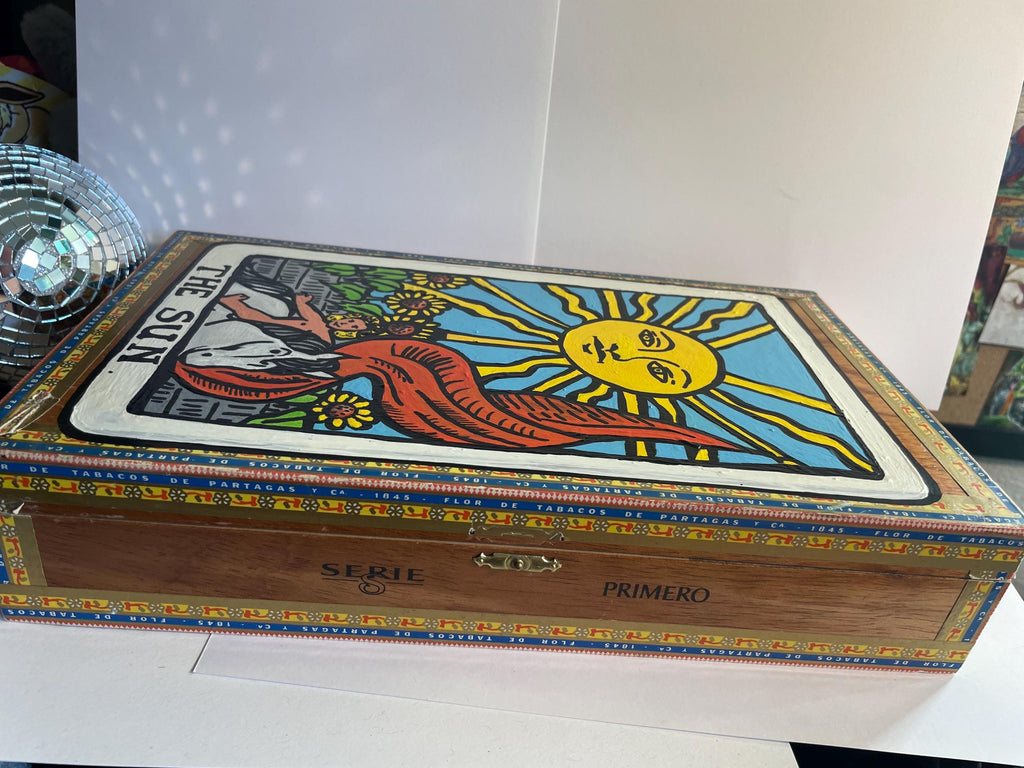 Handpainted Sun Tarot Box | Upcycled Whimsigoth Jewelry or Stash Box | Witchy Decor | Rider Waite Divination Gift | One-of-a-kind Altar Box
