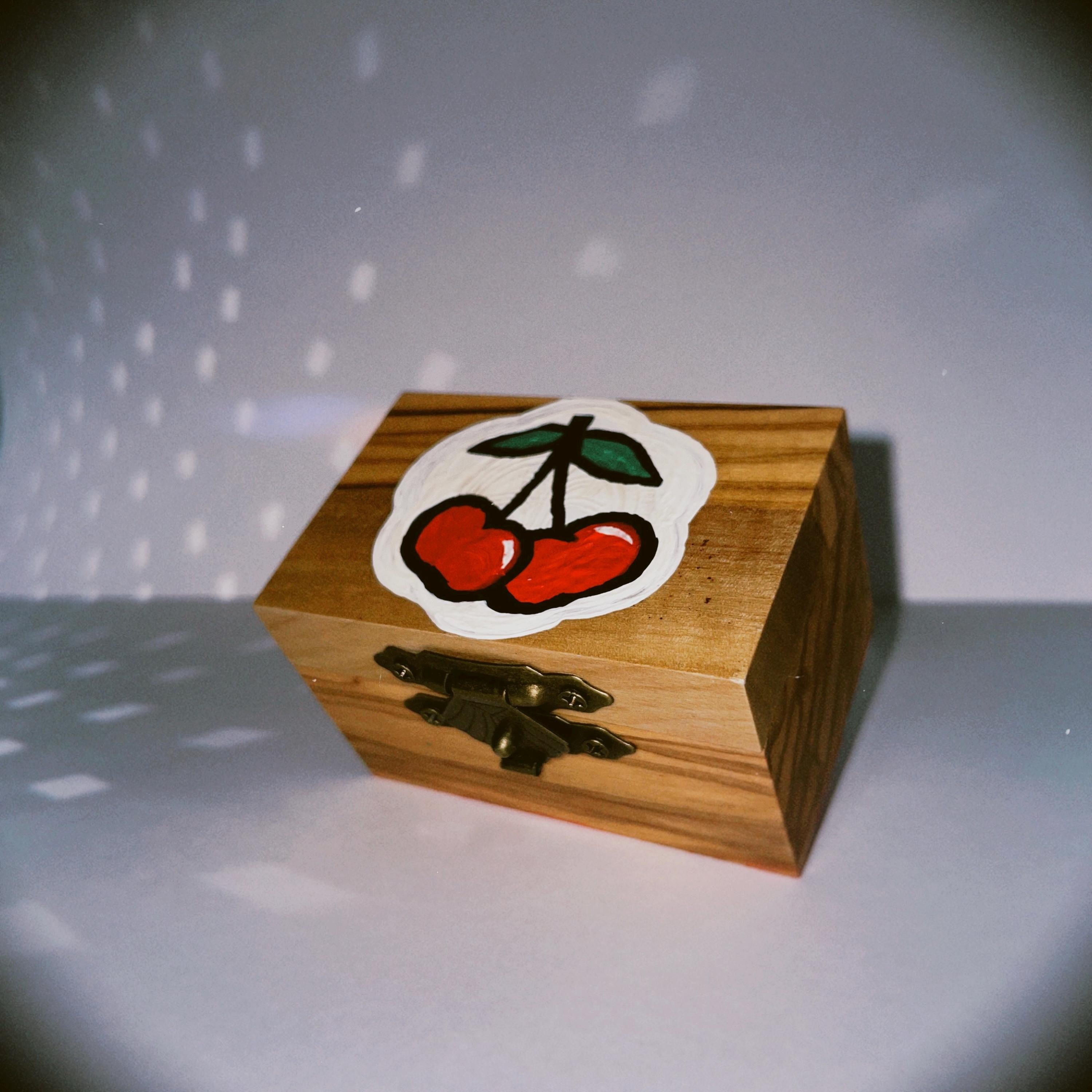 Handpainted Cherry Ring Box: Upcycled Olive Wood Engagement Gift