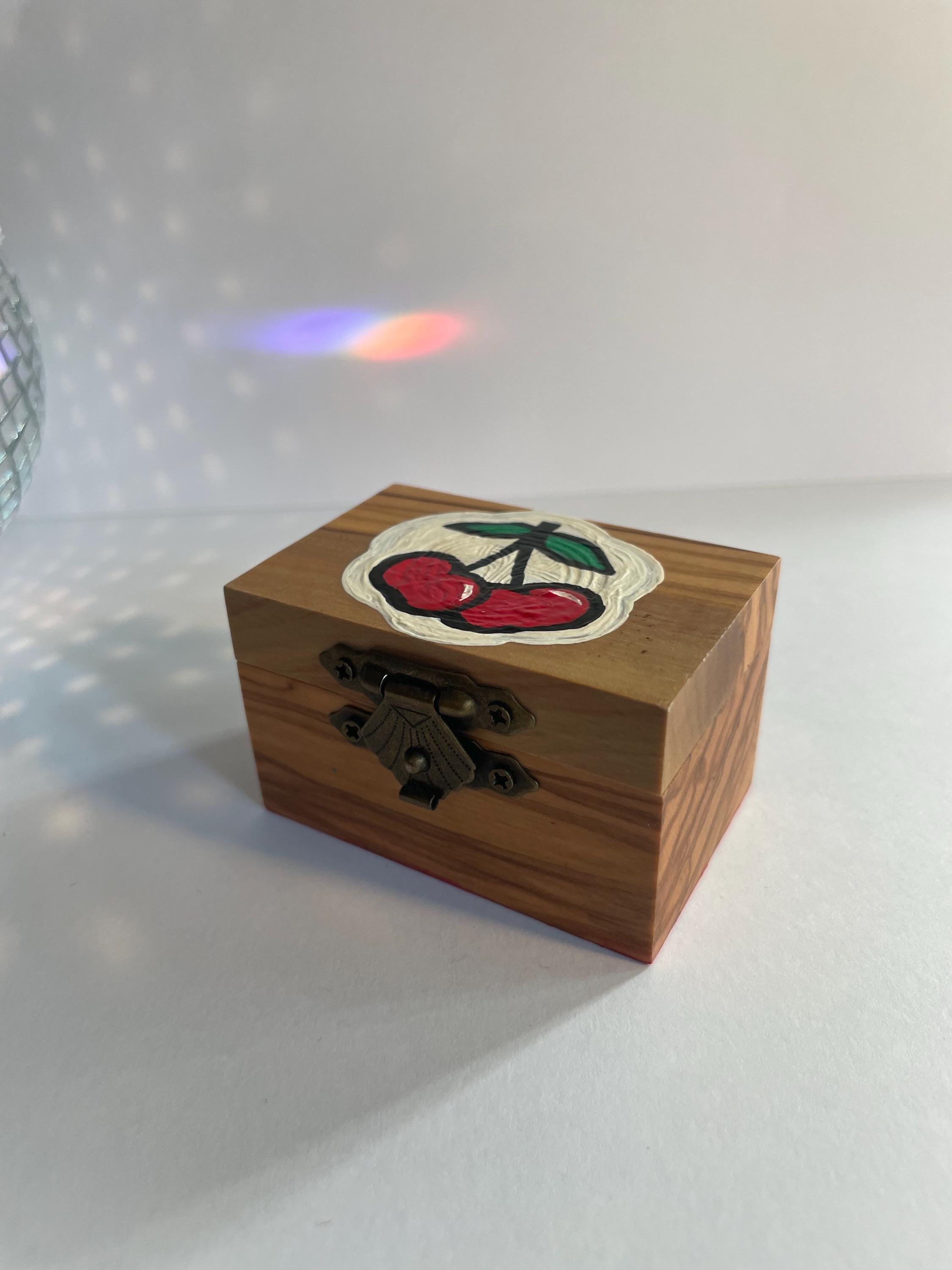 Handpainted Cherry Ring Box: Upcycled Olive Wood Engagement Gift